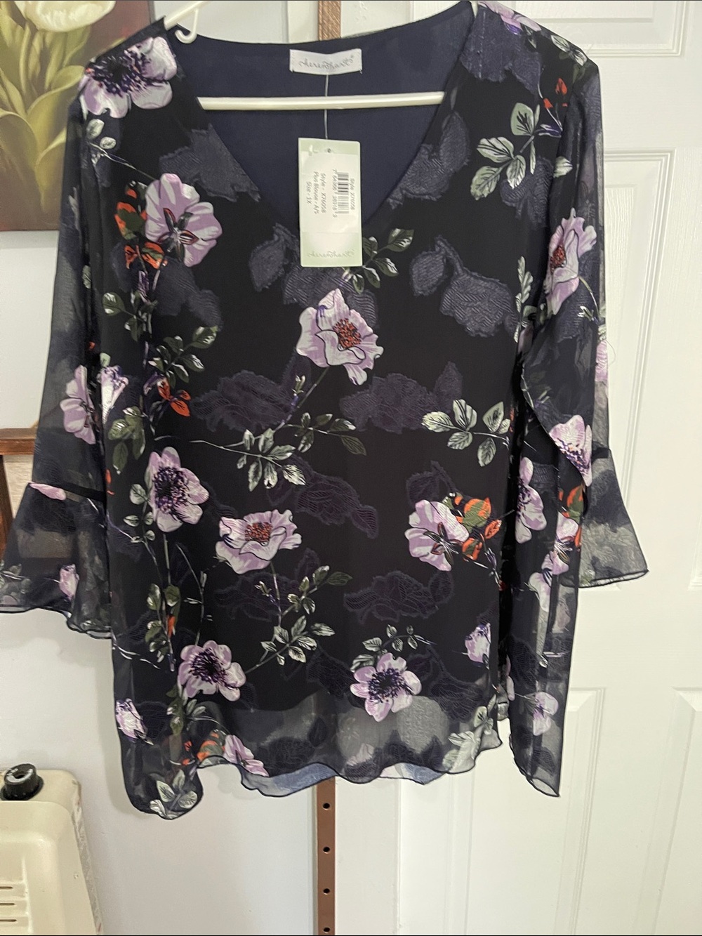 kerenhart Black Sheer V-Neck Blouse with Lavender Floral Print